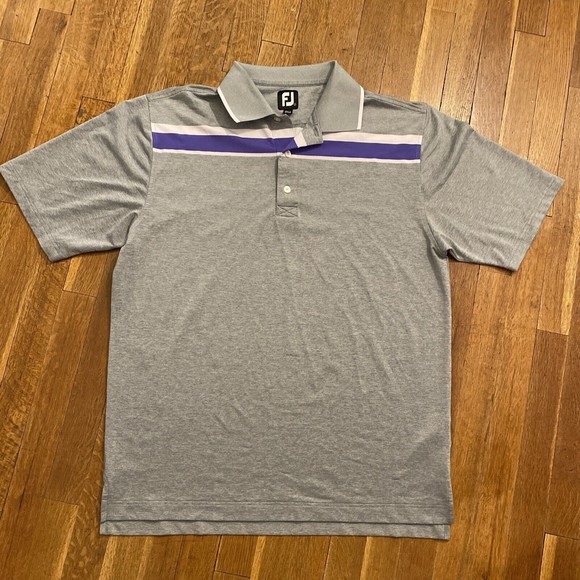 FootJoy Golf Polo Athletic Fit Mens Large Shirt Gray- Lavender White Stripe Logo - Picture 11 of 12